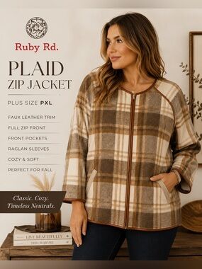 Ruby Rd Plaid Zip Front Jacket | Faux Leather Trim | Plus XL | Cozy Fall